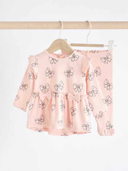 Pink Bow Print Baby Long Sleeve Frill Top And Leggings Set (0mths-2yrs) image 1