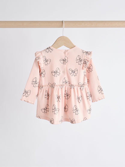Pink Bow Print Baby Long Sleeve Frill Top And Leggings Set (0mths-2yrs) image 3