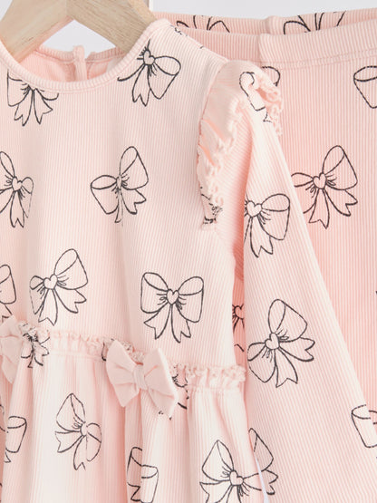 Pink Bow Print Baby Long Sleeve Frill Top And Leggings Set (0mths-2yrs) image 6