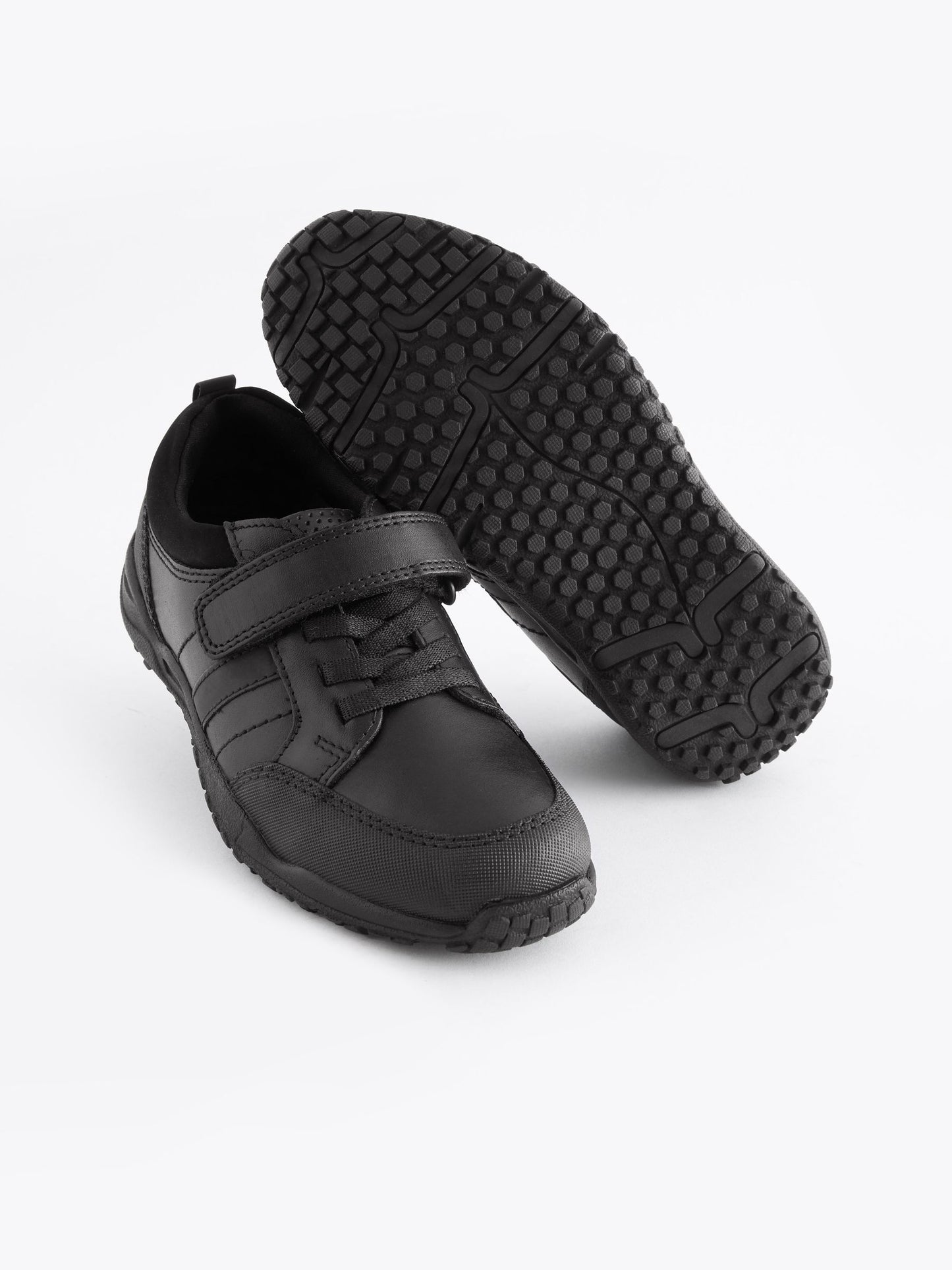 Black Wide Fit (G) School Leather Elastic Lace Shoes image 1