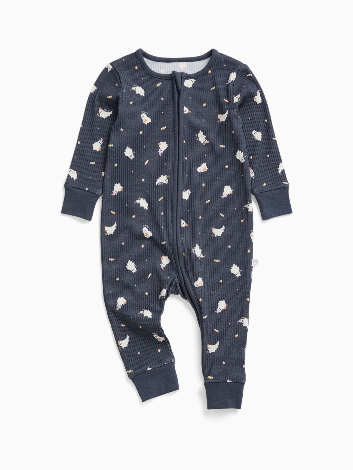 Dsiney Kidz - MORI Navy Ghost Print Blue Ribbed Halloween Two Way Zip-Up Sleepsuit image 2
