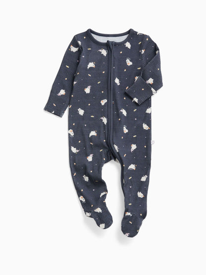 Dsiney Kidz - MORI Navy Ghost Print Blue Ribbed Halloween Two Way Zip-Up Sleepsuit image 3