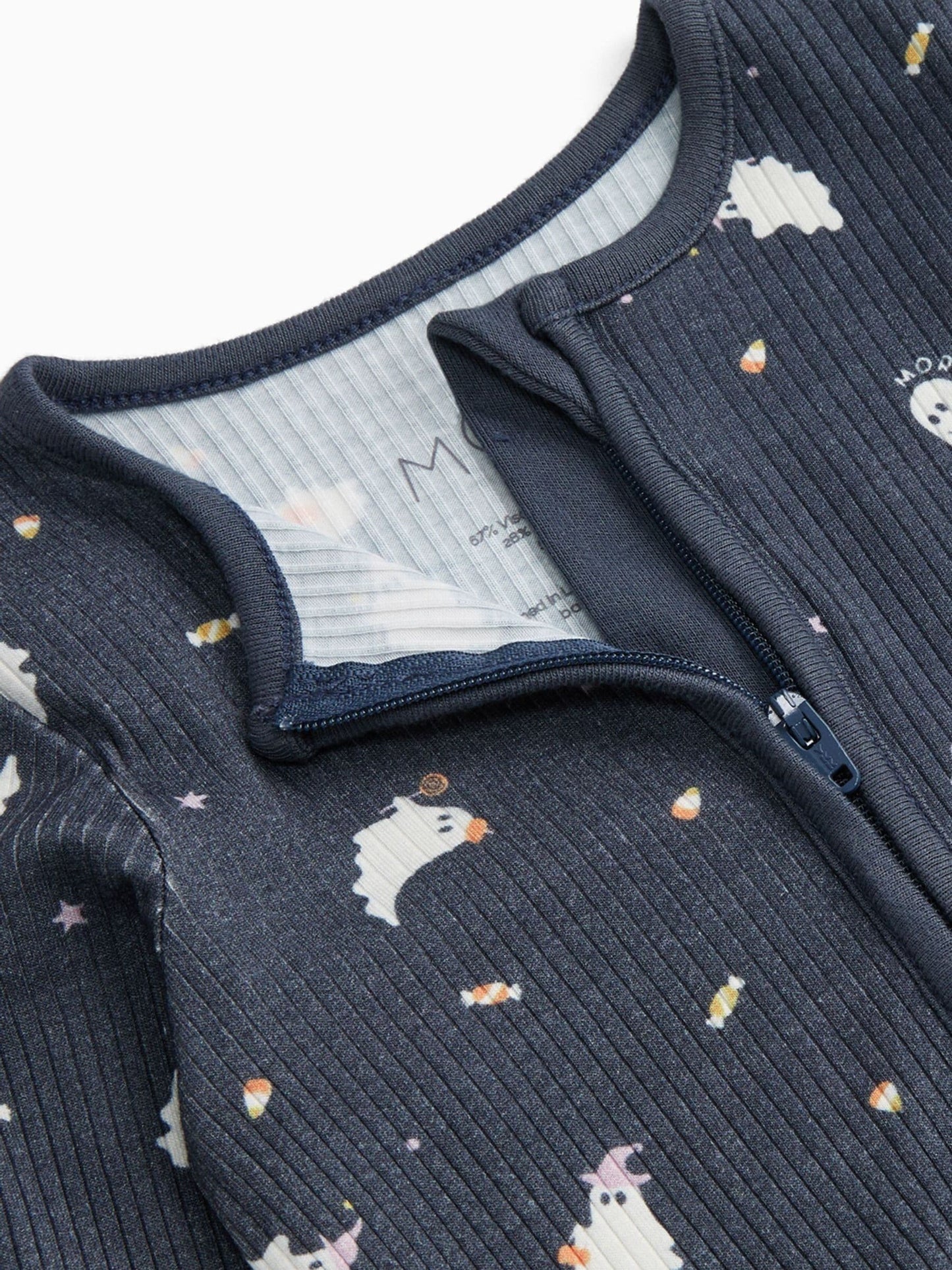 Dsiney Kidz - MORI Navy Ghost Print Blue Ribbed Halloween Two Way Zip-Up Sleepsuit image 4