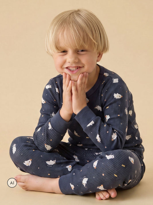 Dsiney Kidz - MORI Blue Navy Ghost Print Ribbed Halloween Pyjama Set image 1