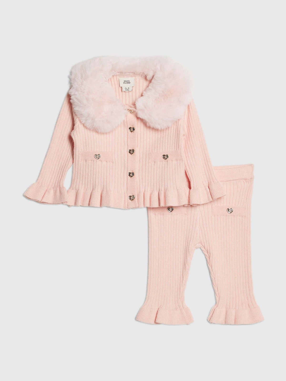 River Island Pink Faux Fur Collar Cardigan & Trousers Set - image 1