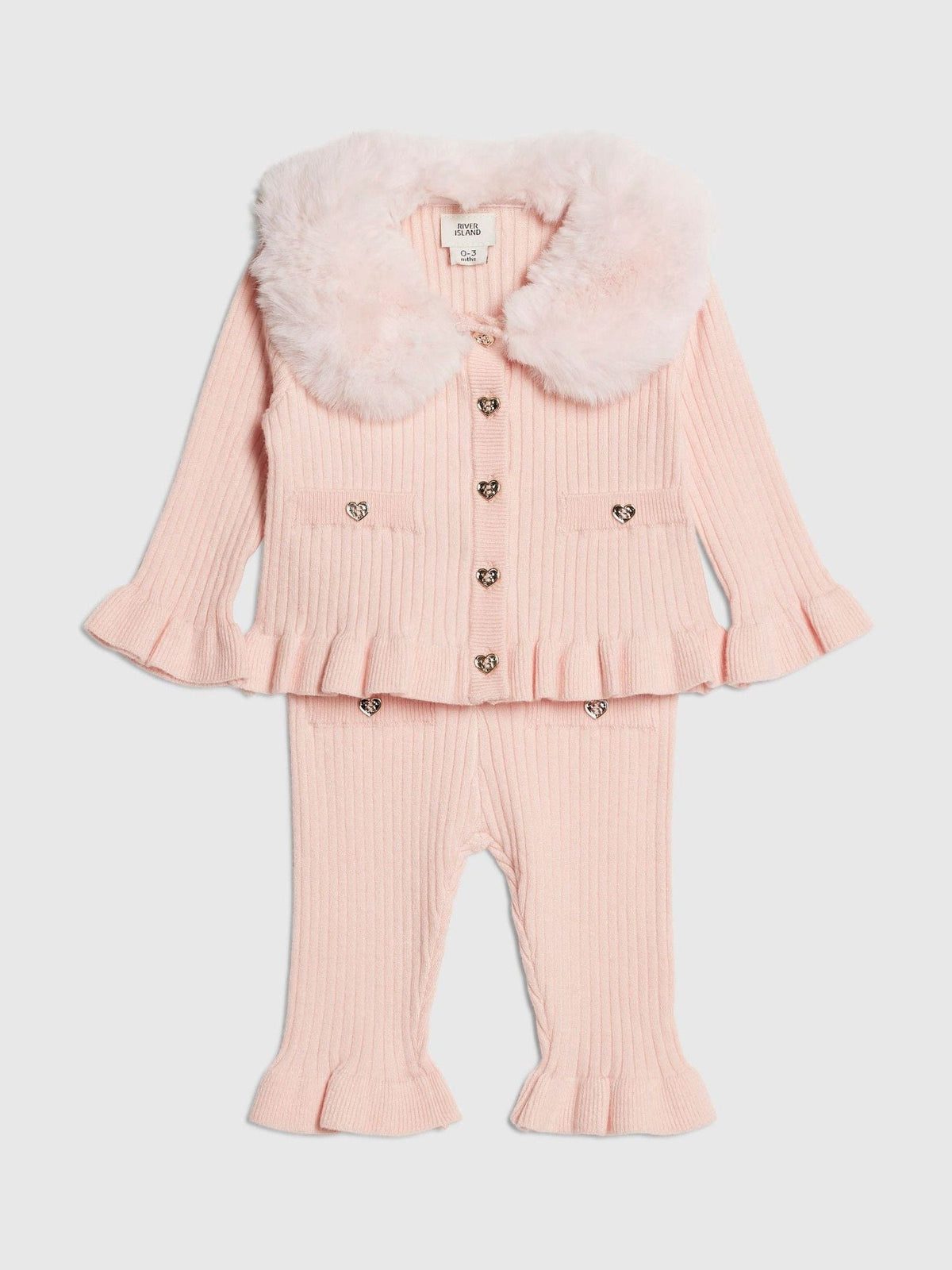 River Island Pink Faux Fur Collar Cardigan & Trousers Set - image 3