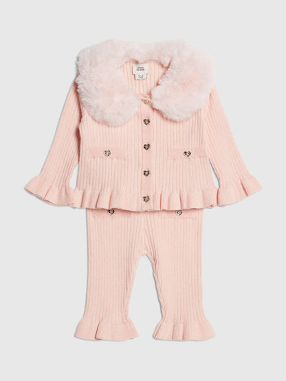 River Island Pink Faux Fur Collar Cardigan & Trousers Set - image 3