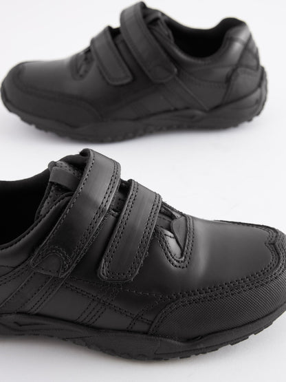 Black Wide Fit (G) Leather Touch Fastening School Shoes image 6