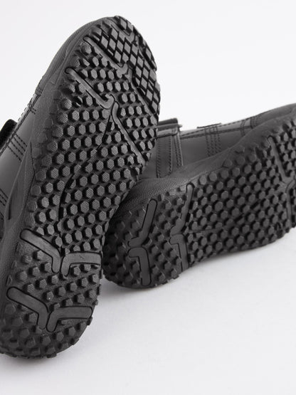 Black Wide Fit (G) Leather Touch Fastening School Shoes image 7