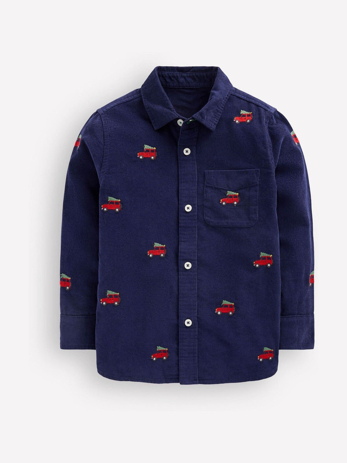 Boden Blue Christmas Print Embroidered Corduroy Shirt - image 1