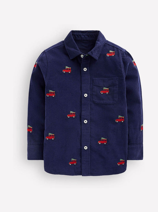 Boden Blue Christmas Print Embroidered Corduroy Shirt - image 1
