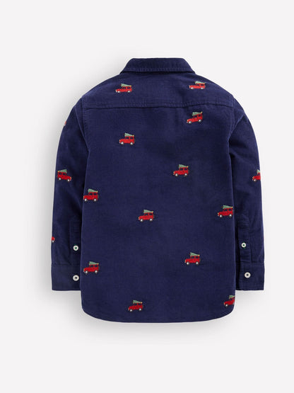 Boden Blue Christmas Print Embroidered Corduroy Shirt - image 2