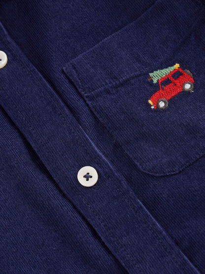 Boden Blue Christmas Print Embroidered Corduroy Shirt - image 3