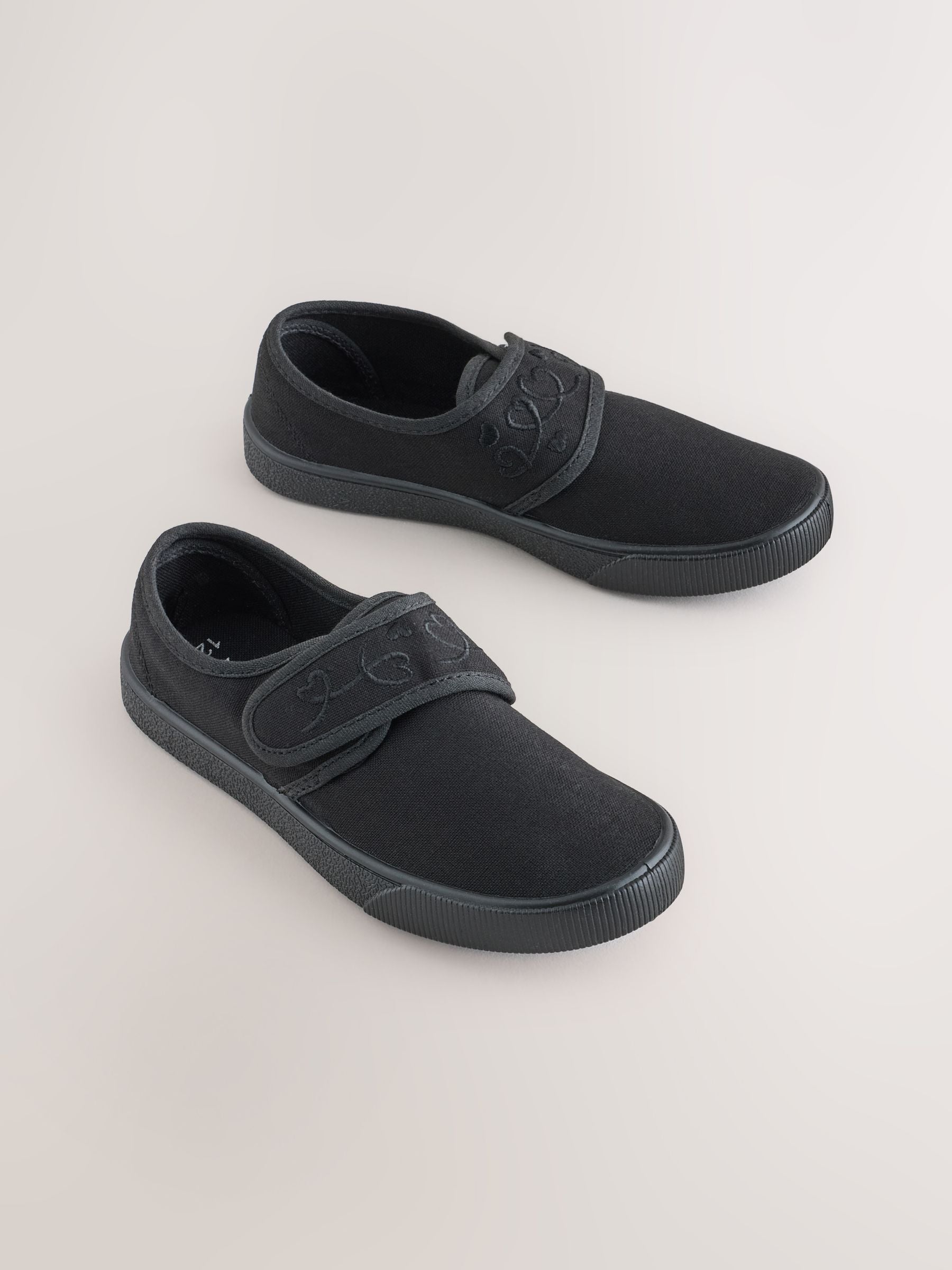 Black Standard Fit (F) Embroidered Strap School Plimsolls image 1