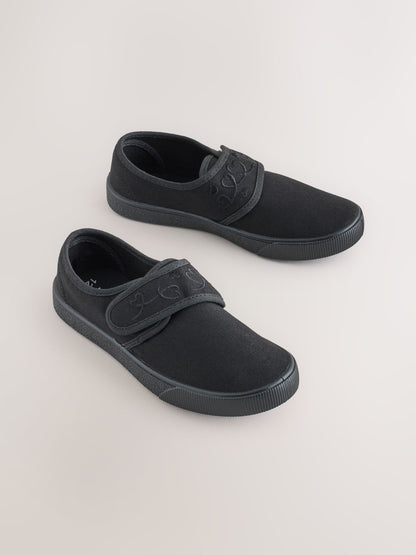 Black Standard Fit (F) Embroidered Strap School Plimsolls image 1
