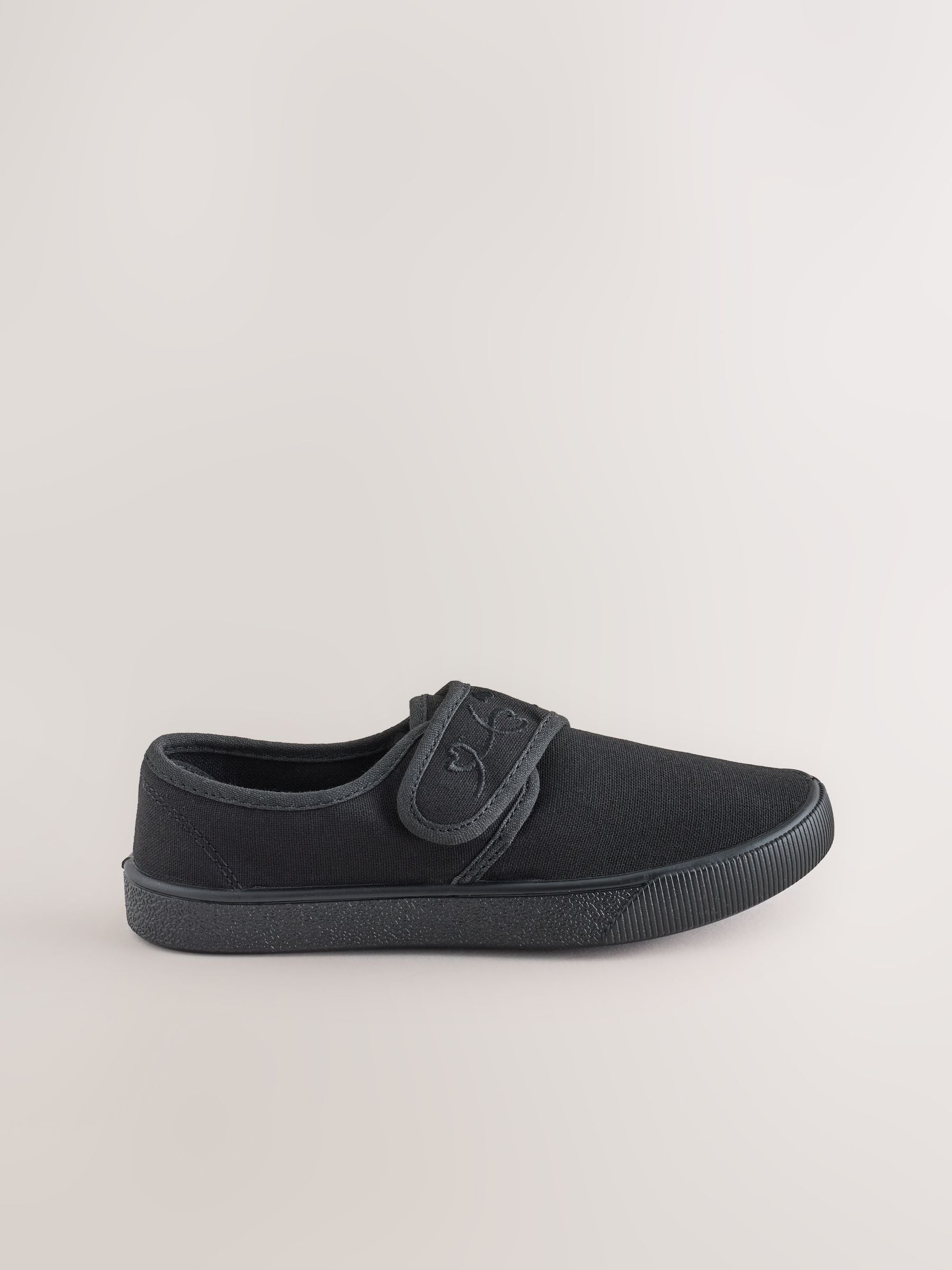 Black Standard Fit (F) Embroidered Strap School Plimsolls image 2