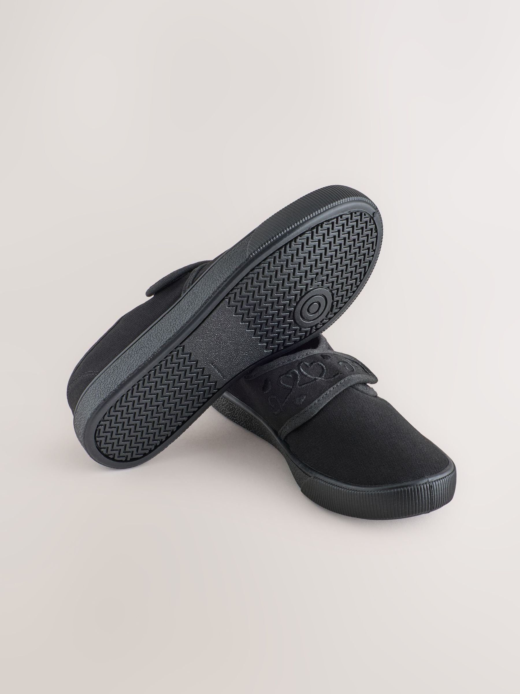 Black Standard Fit (F) Embroidered Strap School Plimsolls image 3