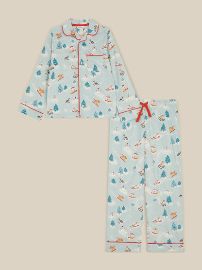 Monsoon Blue Christmas Skiing Dog Long Pyjamas Set - image 1