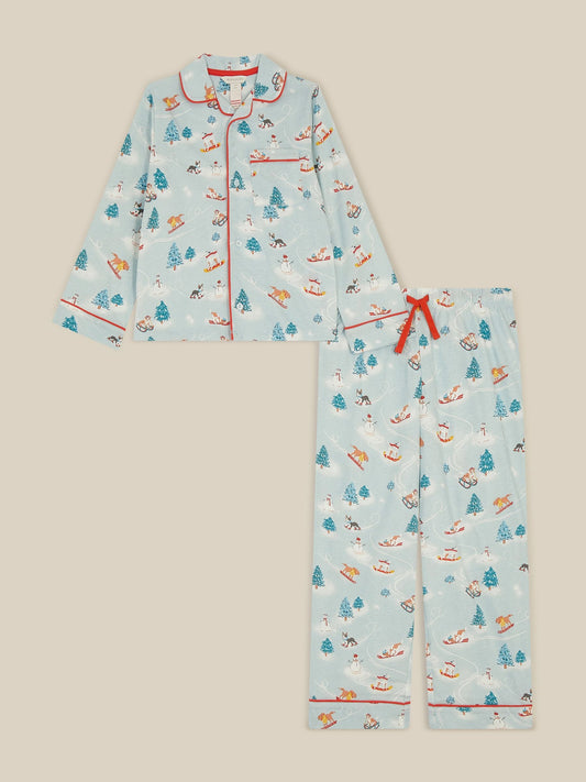 Monsoon Blue Christmas Skiing Dog Long Pyjamas Set - image 1