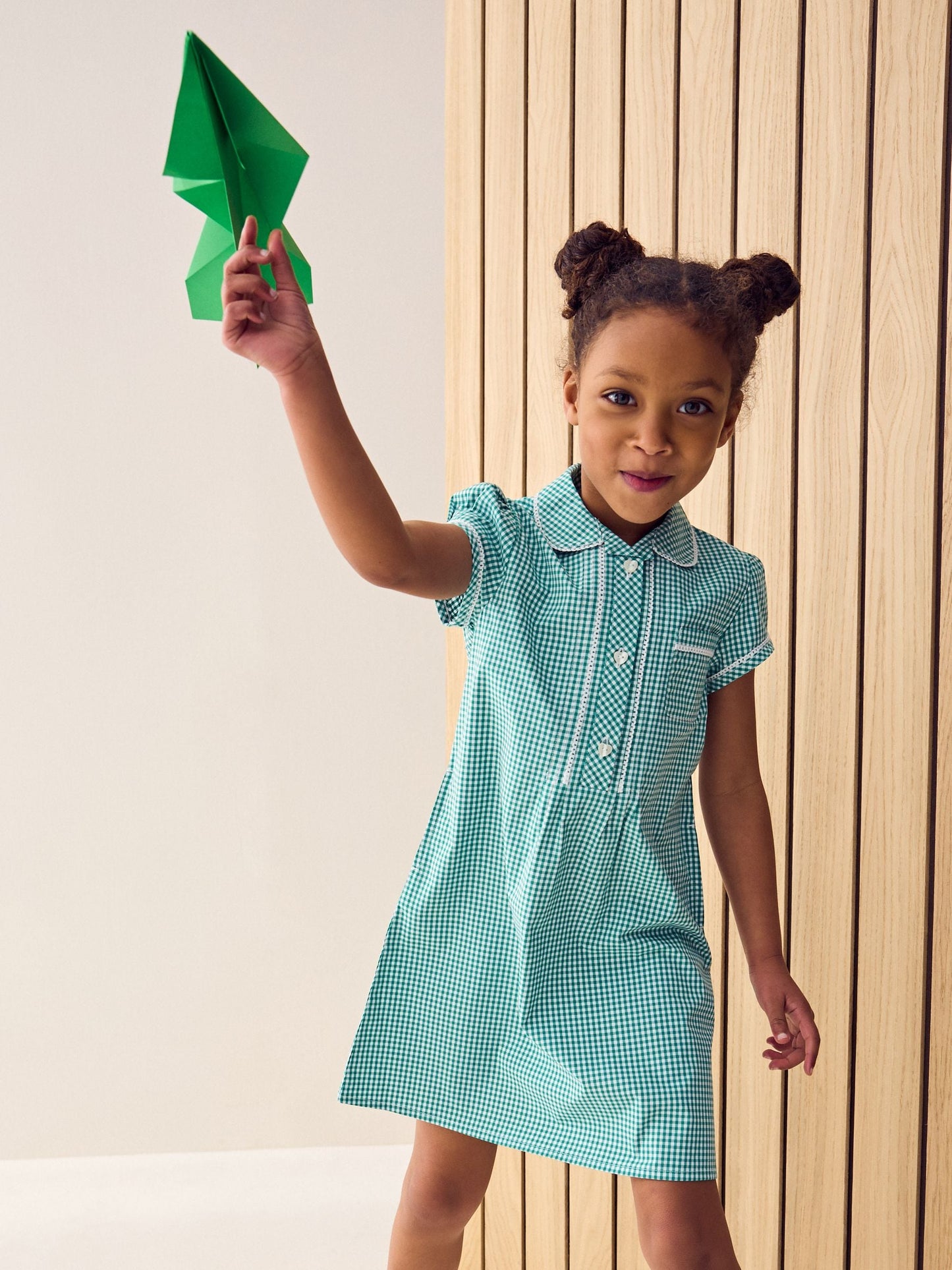Green Cotton Rich Button Front Lace Gingham School Dress (3-14yrs) image 3