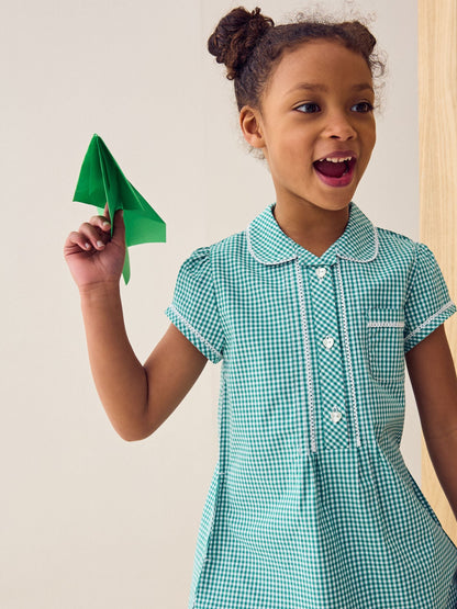 Green Cotton Rich Button Front Lace Gingham School Dress (3-14yrs) image 4