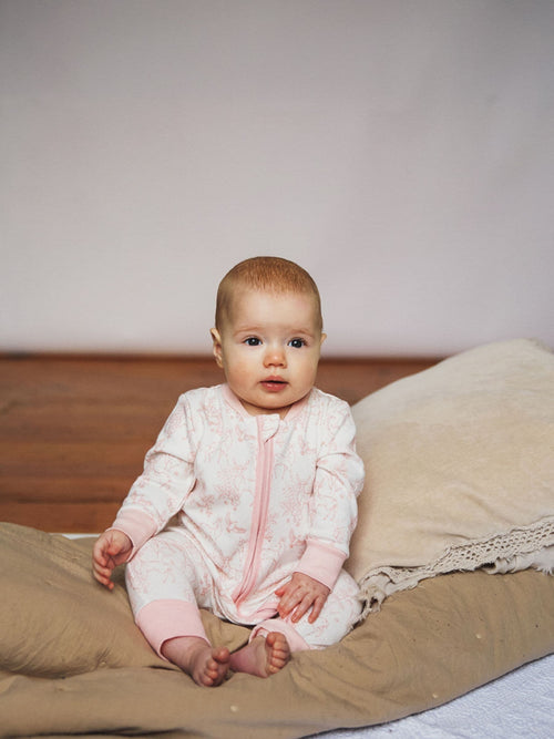 The Little Tailor White/Pink Front Zip Soft 100% Cotton Sleepsuit image 1