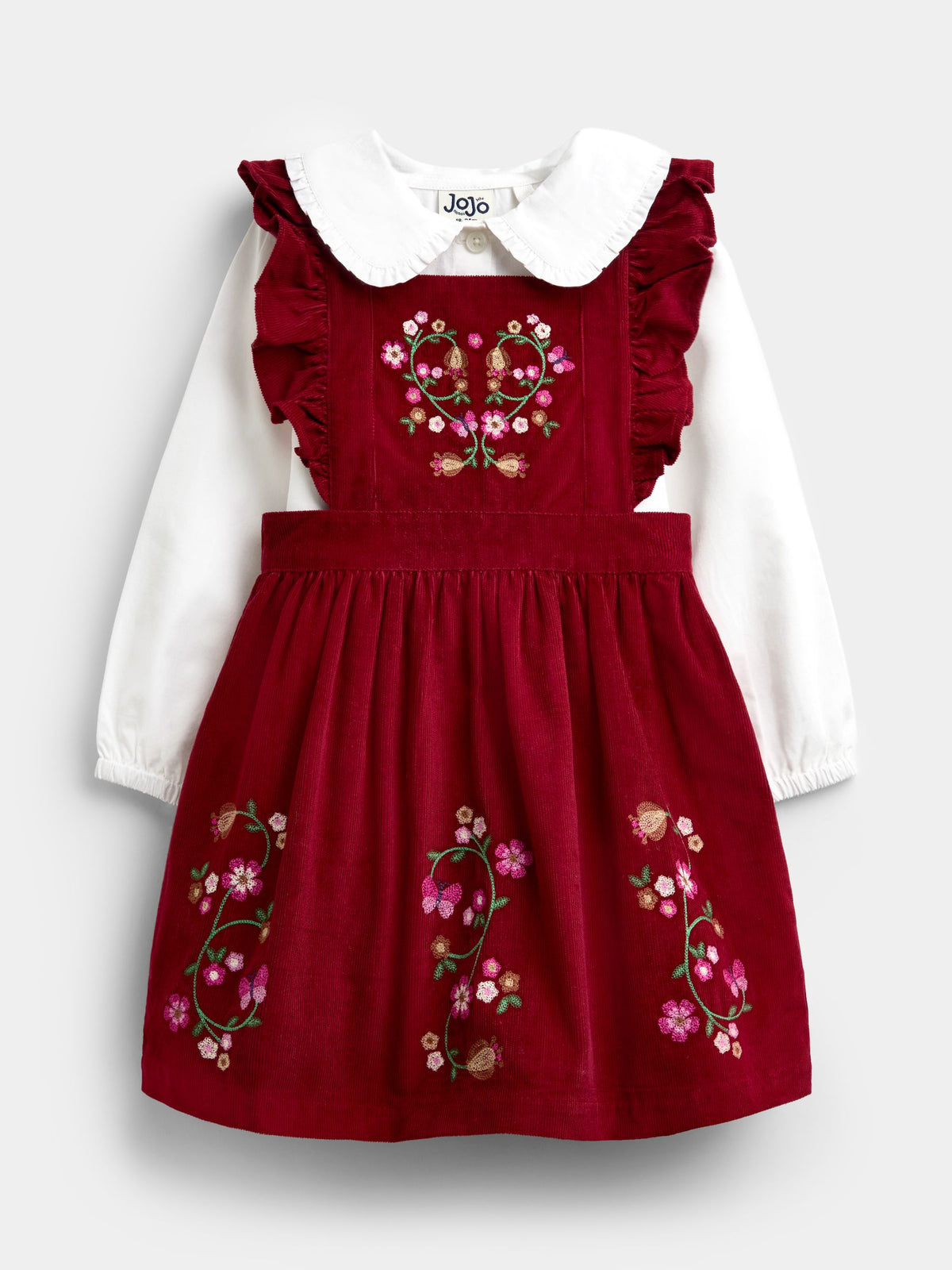 JoJo Maman Bébé Burgundy Red Floral Embroidered Pinny Dress & Collar Blouse - image 1