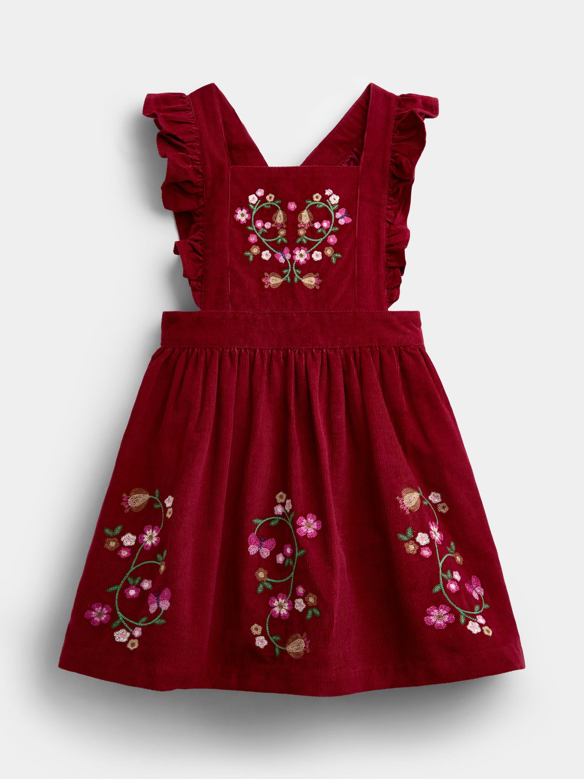 JoJo Maman Bébé Burgundy Red Floral Embroidered Pinny Dress & Collar Blouse - image 4