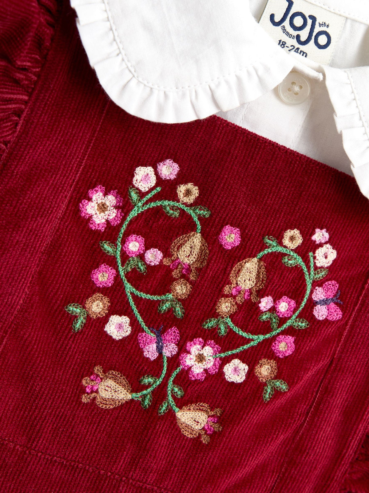 JoJo Maman Bébé Burgundy Red Floral Embroidered Pinny Dress & Collar Blouse - image 6