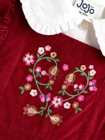 JoJo Maman Bébé Burgundy Red Floral Embroidered Pinny Dress & Collar Blouse - image 6