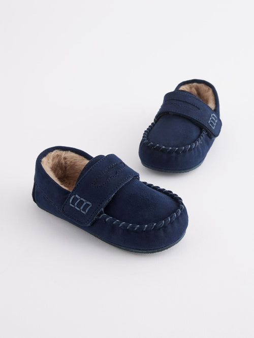 Navy Touch Fastening Moccasin Slippers image 1