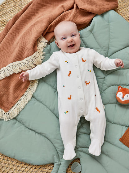 JoJo Maman Bébé White Fox Embroidered Cotton Baby Sleepsuit image 1