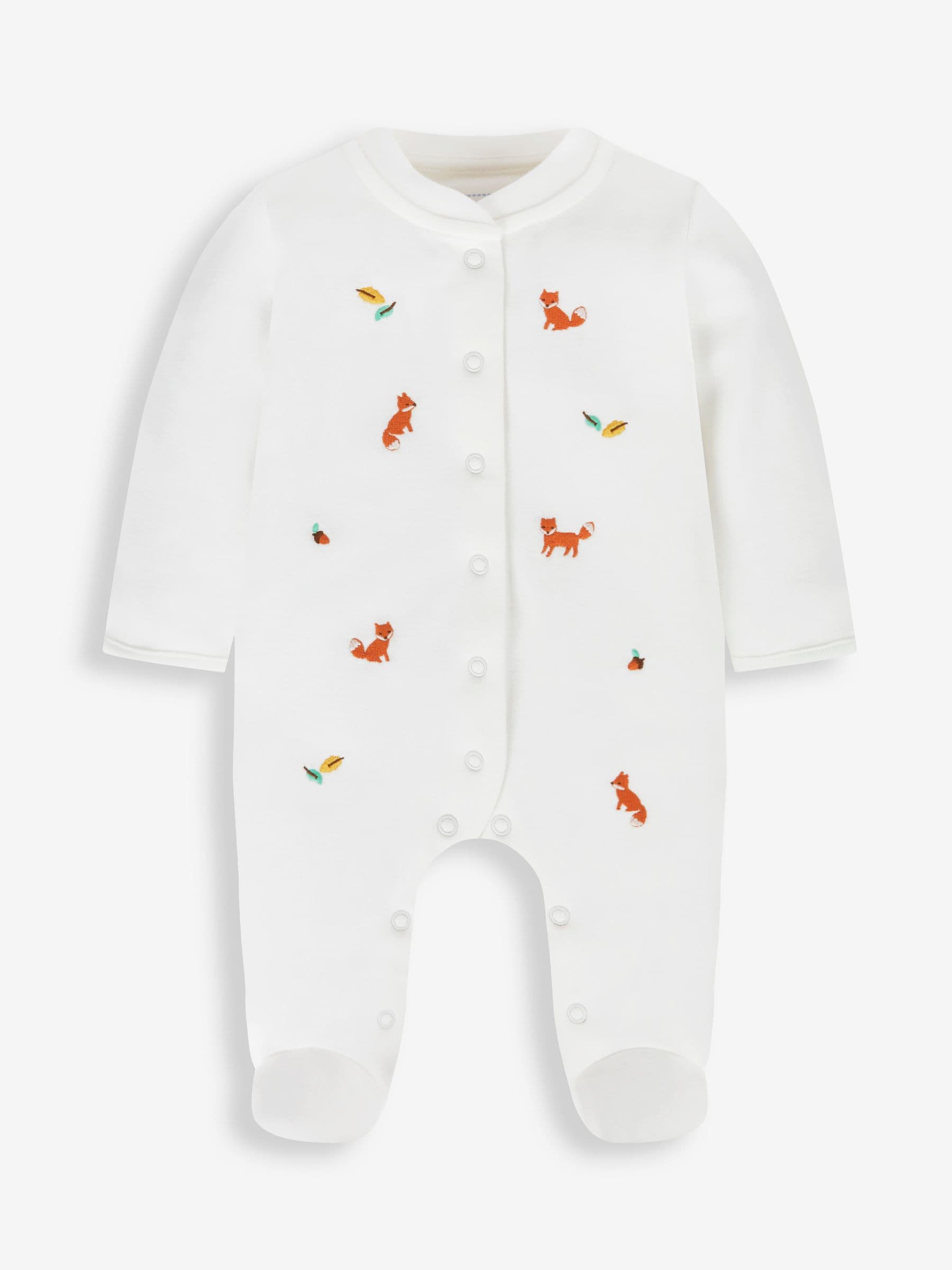 JoJo Maman Bébé White Fox Embroidered Cotton Baby Sleepsuit image 2