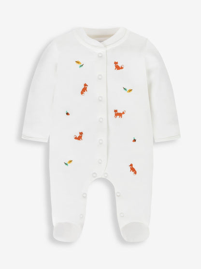 JoJo Maman Bébé White Fox Embroidered Cotton Baby Sleepsuit image 2