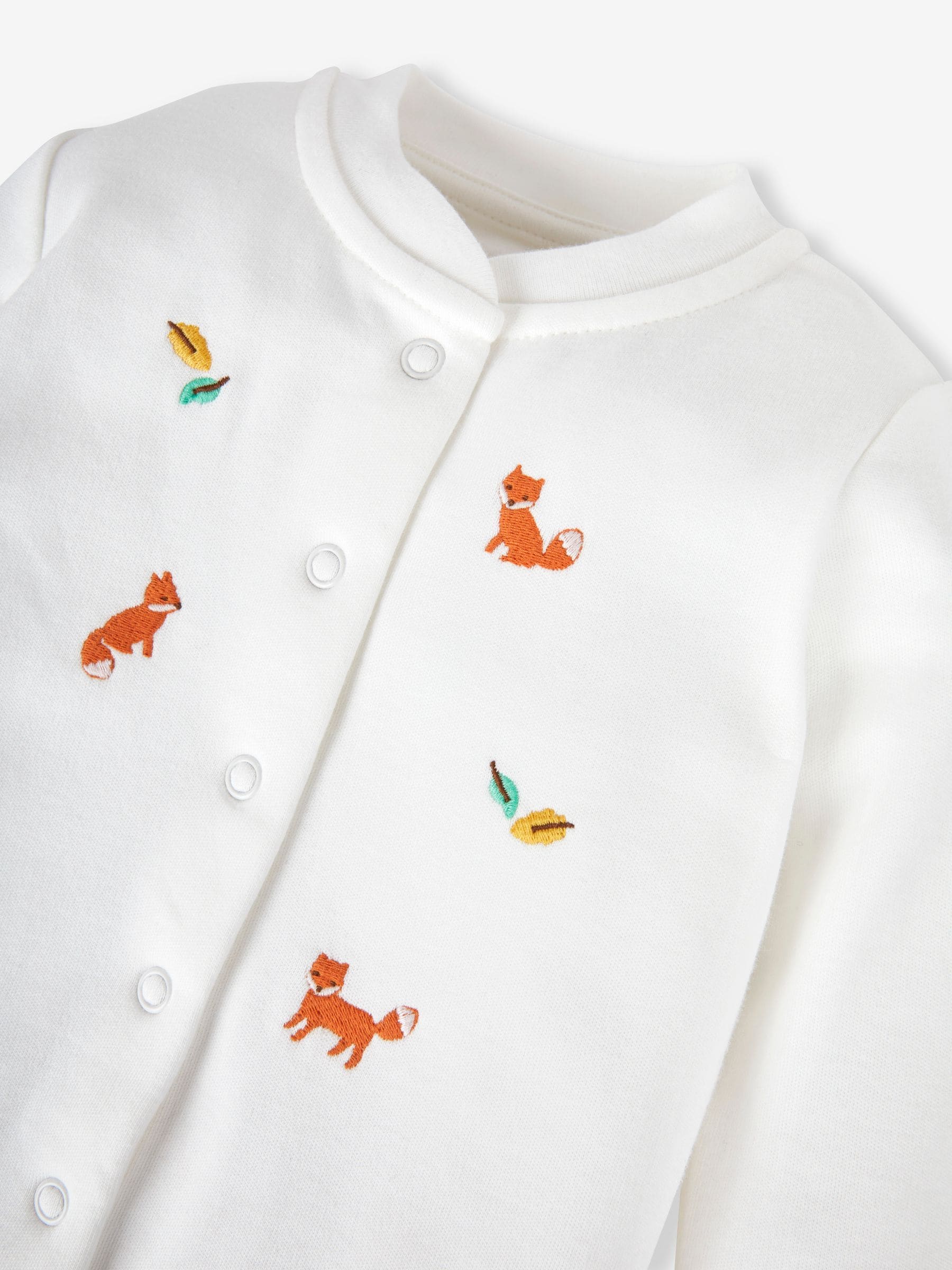 JoJo Maman Bébé White Fox Embroidered Cotton Baby Sleepsuit image 3