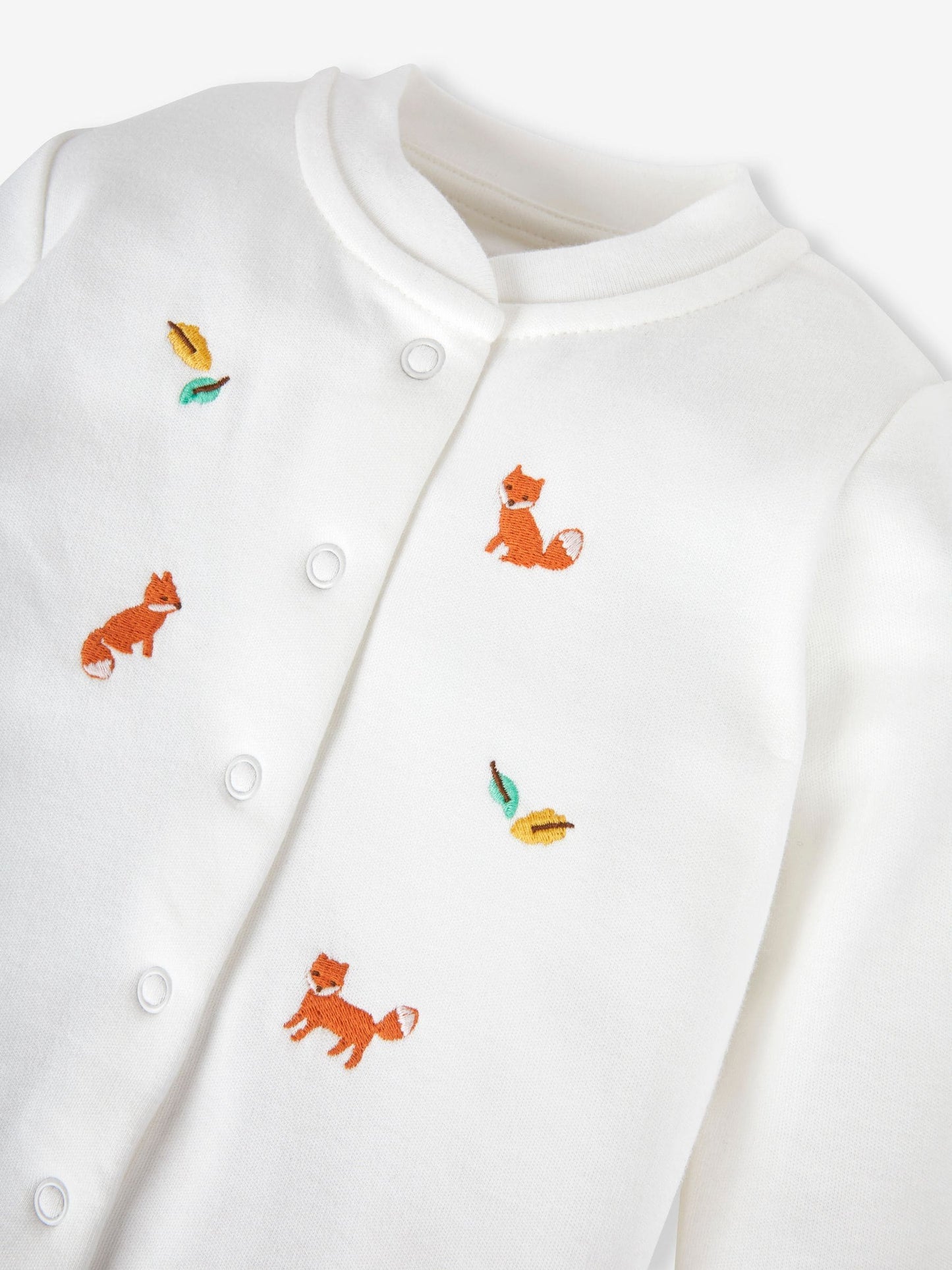JoJo Maman Bébé White Fox Embroidered Cotton Baby Sleepsuit image 3