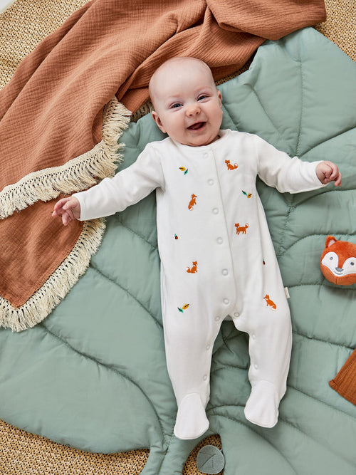 JoJo Maman Bébé White Fox Embroidered Cotton Baby Sleepsuit image 1