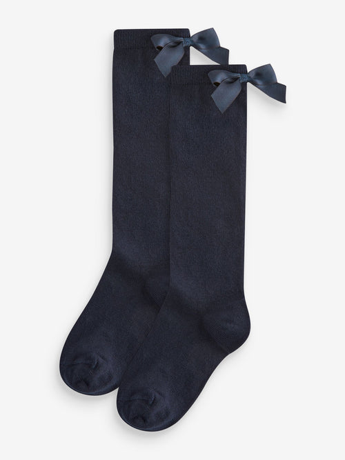 Navy Blue 2 Pack Cotton Rich Bow Knee High Socks image 1