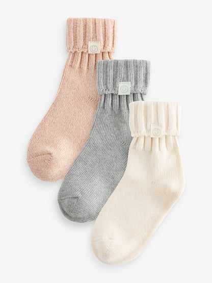 Cream,Grey and Neutral 3 Pack Cotton Rich Roll Top Ankle Socks image 1