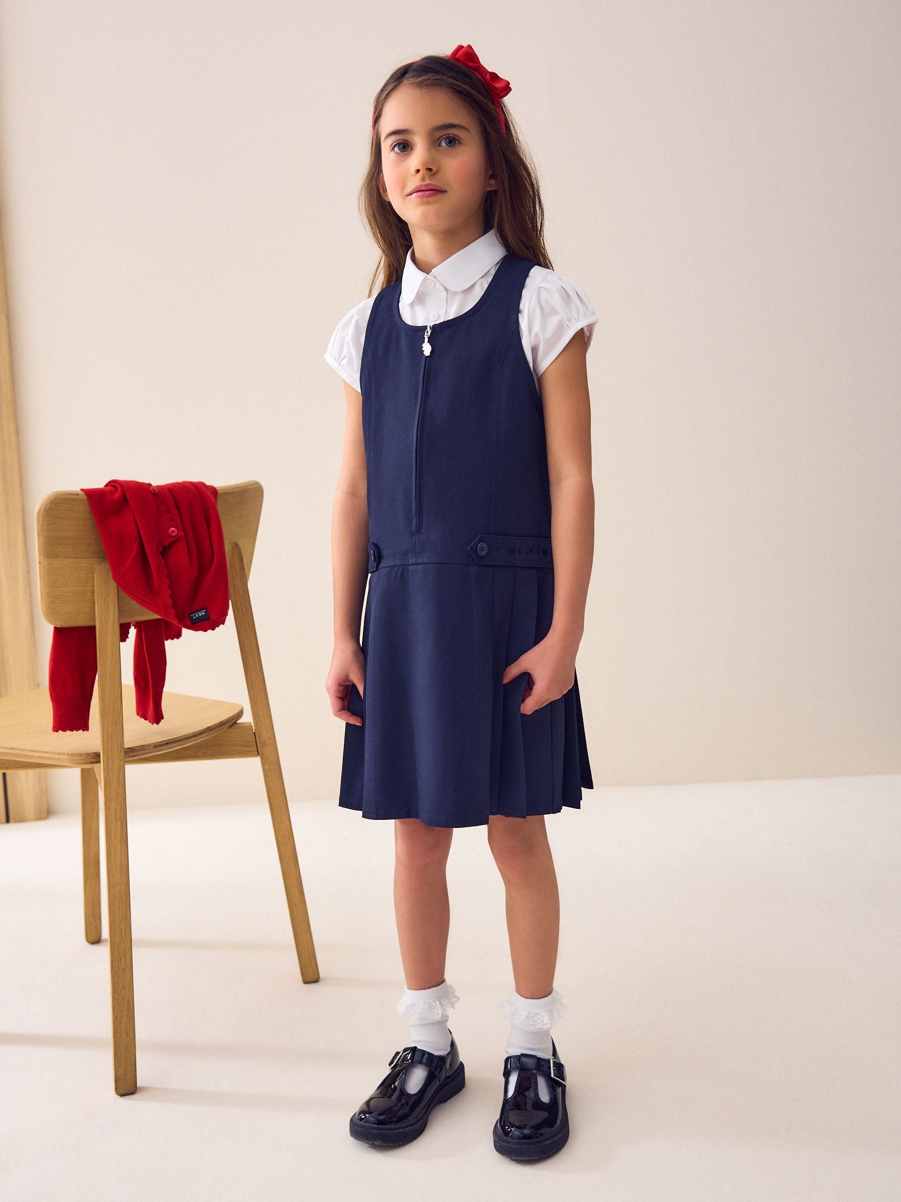 Navy Embroidered Zip Front Pinafore School Dress (3-14yrs) image 1