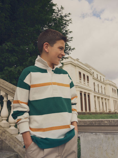 Dsiney Kidz - Green/Ecru White Stripe Long Sleeve Rugby 100% Cotton Polo Shirt (3-16yrs) image 1