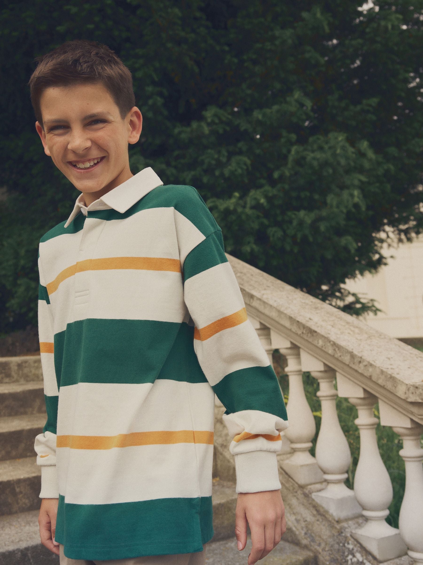 Dsiney Kidz - Green/Ecru White Stripe Long Sleeve Rugby 100% Cotton Polo Shirt (3-16yrs) image 2