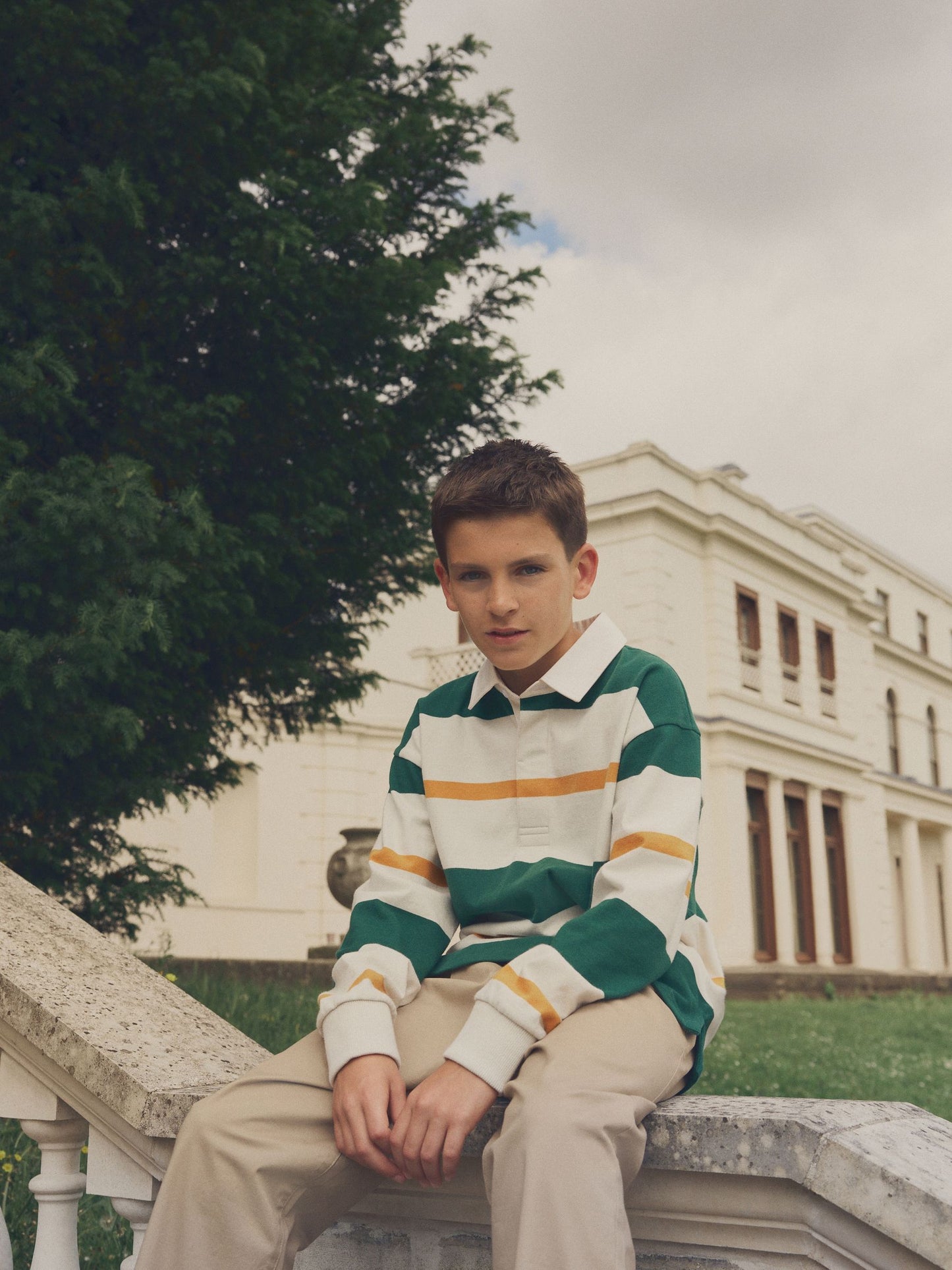 Dsiney Kidz - Green/Ecru White Stripe Long Sleeve Rugby 100% Cotton Polo Shirt (3-16yrs) image 3
