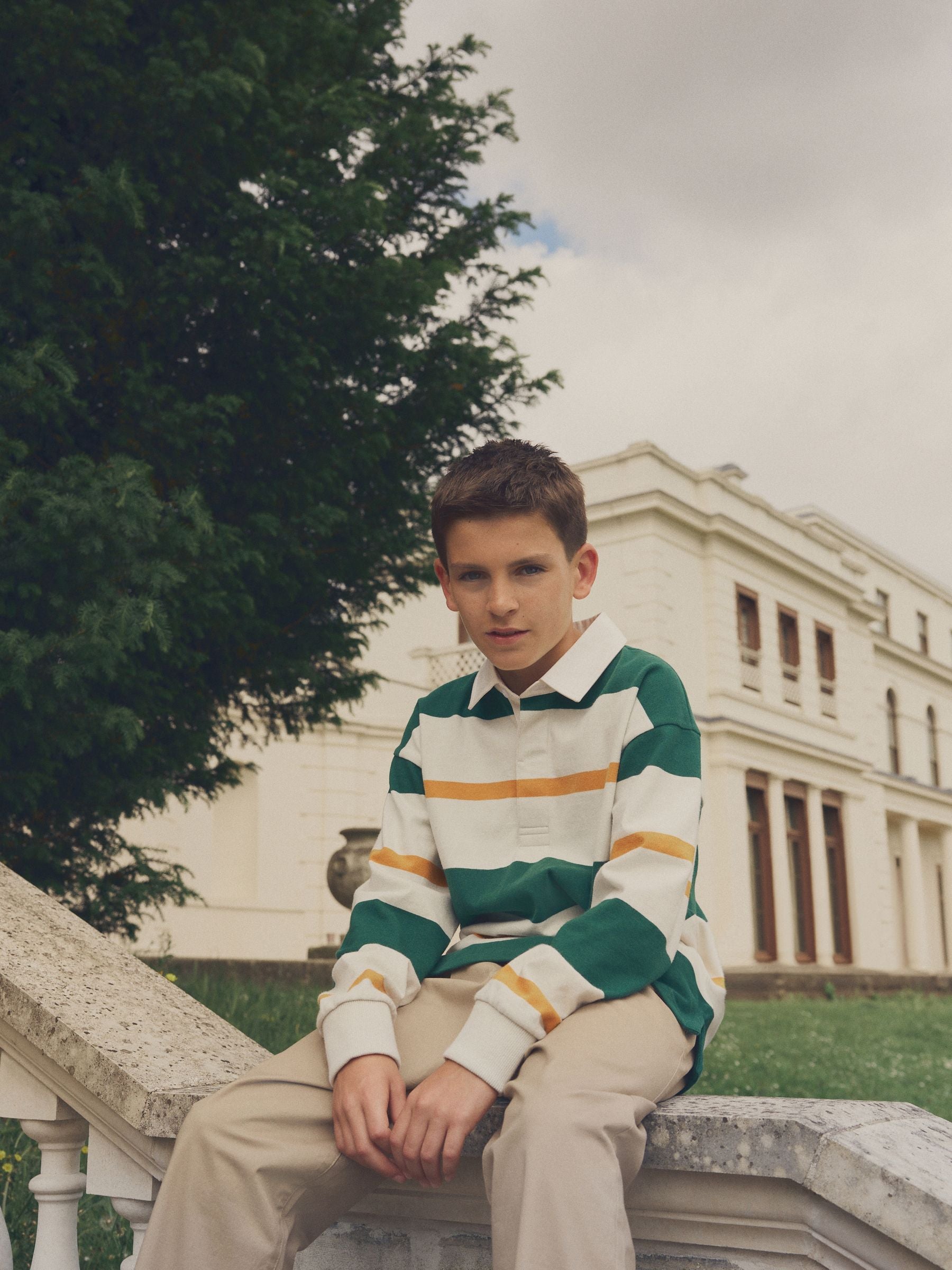 Dsiney Kidz - Green/Ecru White Stripe Long Sleeve Rugby 100% Cotton Polo Shirt (3-16yrs) image 3
