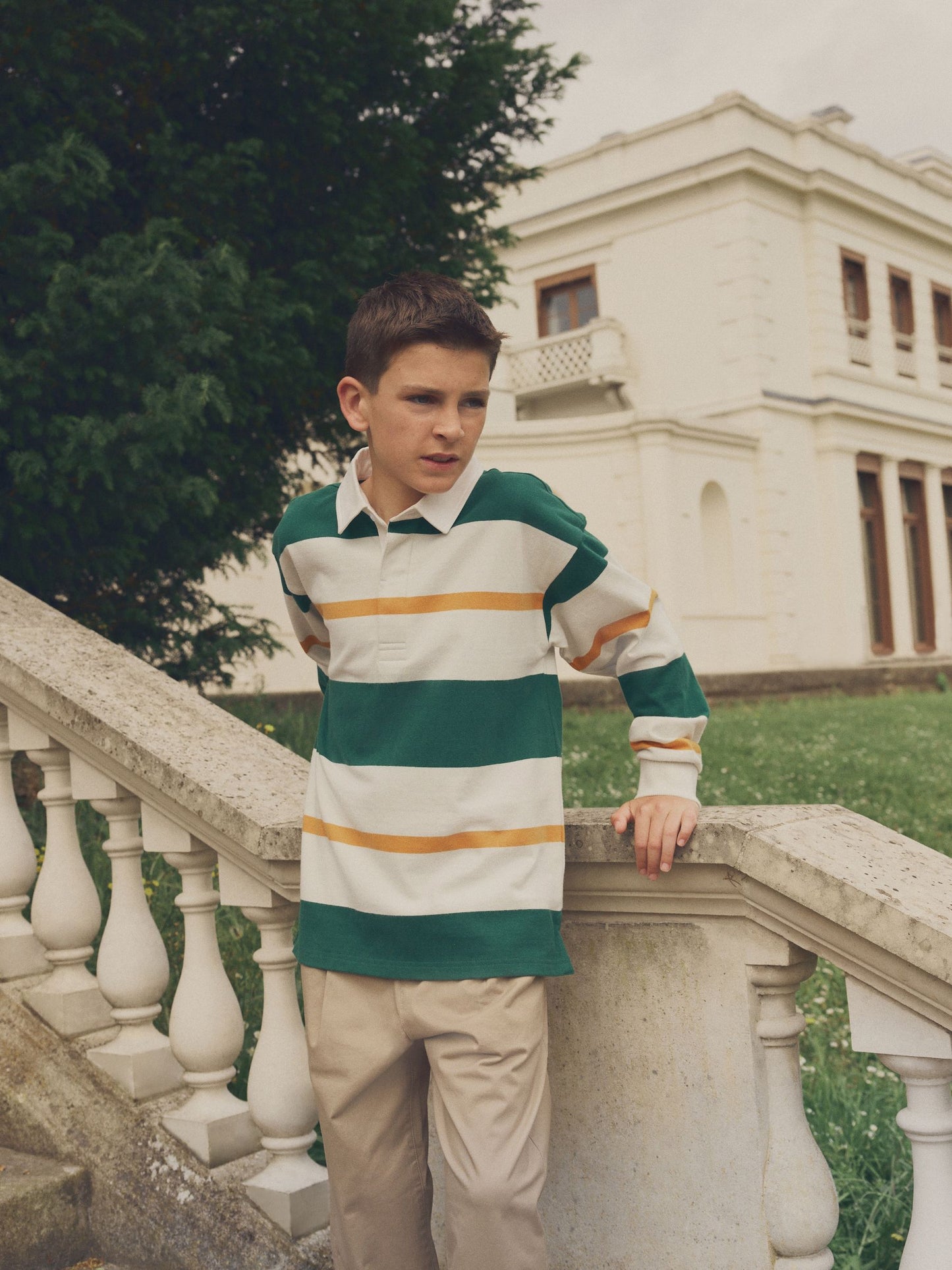Dsiney Kidz - Green/Ecru White Stripe Long Sleeve Rugby 100% Cotton Polo Shirt (3-16yrs) image 4