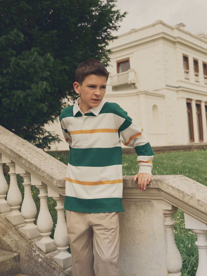 Dsiney Kidz - Green/Ecru White Stripe Long Sleeve Rugby 100% Cotton Polo Shirt (3-16yrs) image 4