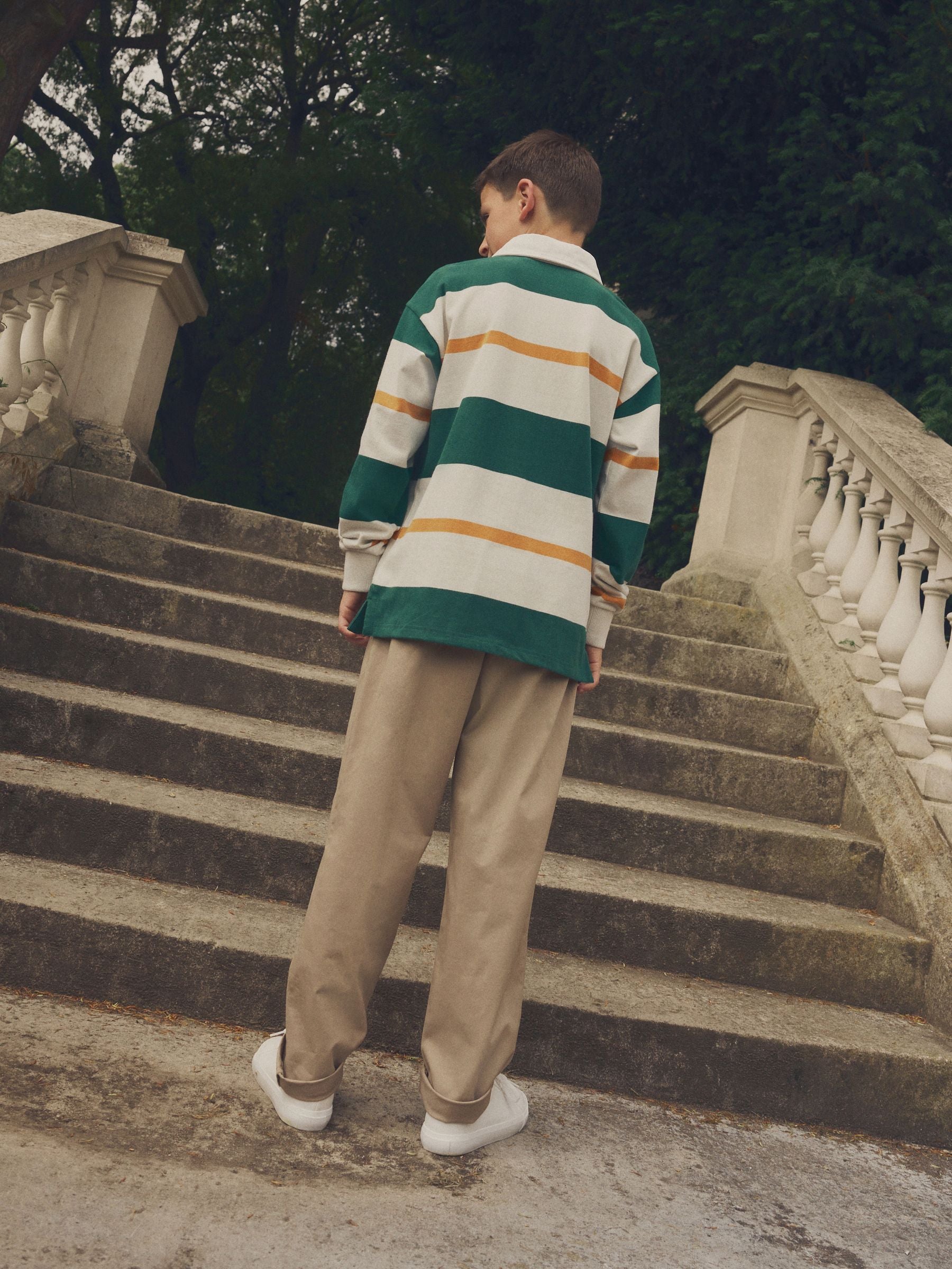 Dsiney Kidz - Green/Ecru White Stripe Long Sleeve Rugby 100% Cotton Polo Shirt (3-16yrs) image 5
