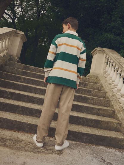 Dsiney Kidz - Green/Ecru White Stripe Long Sleeve Rugby 100% Cotton Polo Shirt (3-16yrs) image 5