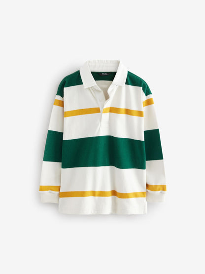 Dsiney Kidz - Green/Ecru White Stripe Long Sleeve Rugby 100% Cotton Polo Shirt (3-16yrs) image 6