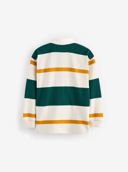 Dsiney Kidz - Green/Ecru White Stripe Long Sleeve Rugby 100% Cotton Polo Shirt (3-16yrs) image 7